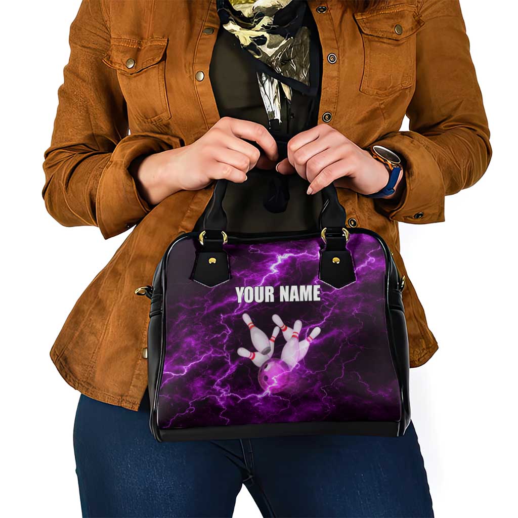 Bowling Ball and Pins Shoulder Handbag Purple Lightning Background and Custom Name Design - Wonder Print Shop