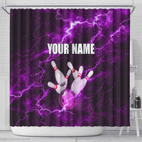 Bowling Ball and Pins Shower Curtain Purple Lightning Background and Custom Name Design - Wonder Print Shop