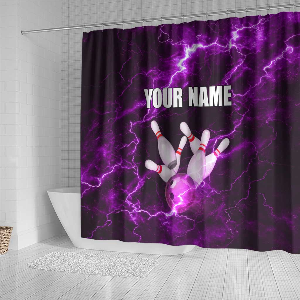 Bowling Ball and Pins Shower Curtain Purple Lightning Background and Custom Name Design - Wonder Print Shop