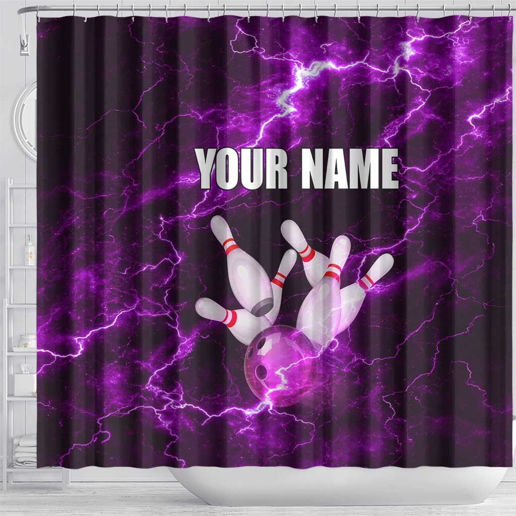 Bowling Ball and Pins Shower Curtain Purple Lightning Background and Custom Name Design - Wonder Print Shop
