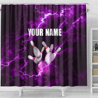 Bowling Ball and Pins Shower Curtain Purple Lightning Background and Custom Name Design - Wonder Print Shop
