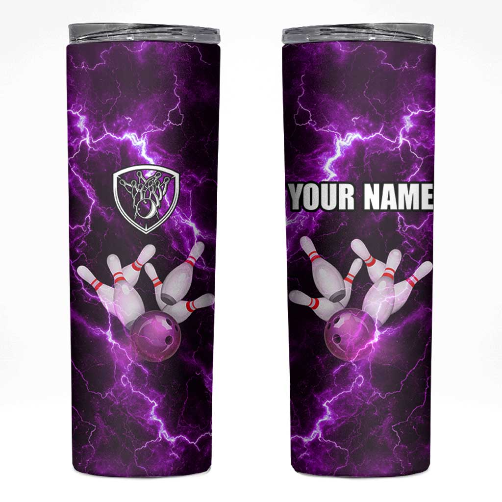 Bowling Ball and Pins Skinny Tumbler Purple Lightning Background and Custom Name Design - Wonder Print Shop