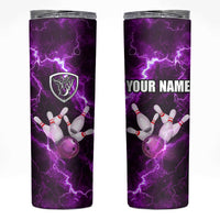 Bowling Ball and Pins Skinny Tumbler Purple Lightning Background and Custom Name Design - Wonder Print Shop