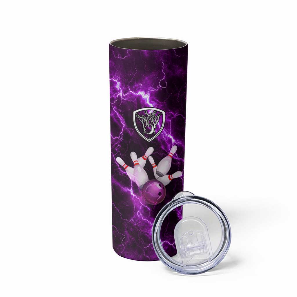 Bowling Ball and Pins Skinny Tumbler Purple Lightning Background and Custom Name Design - Wonder Print Shop