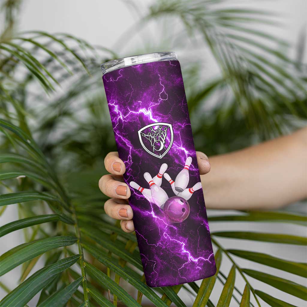 Bowling Ball and Pins Skinny Tumbler Purple Lightning Background and Custom Name Design - Wonder Print Shop