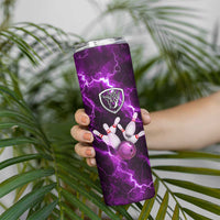 Bowling Ball and Pins Skinny Tumbler Purple Lightning Background and Custom Name Design - Wonder Print Shop