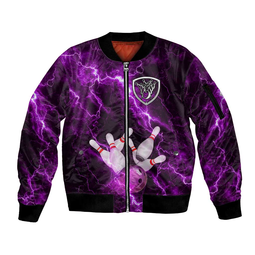 Bowling Ball and Pins Sleeve Zip Bomber Jacket Purple Lightning Background and Custom Name Design - Wonder Print Shop