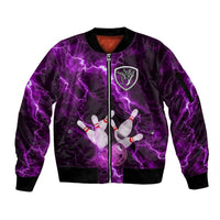 Bowling Ball and Pins Sleeve Zip Bomber Jacket Purple Lightning Background and Custom Name Design - Wonder Print Shop