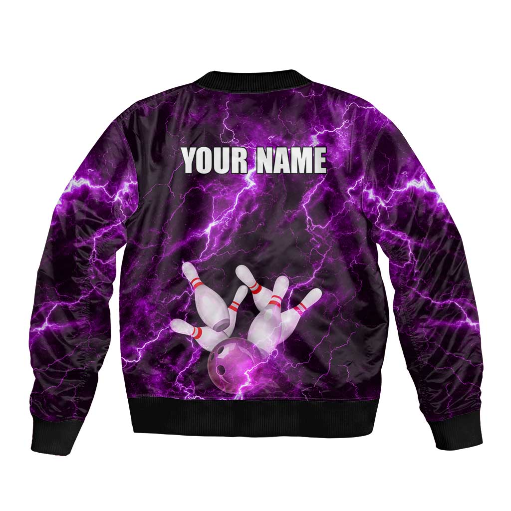 Bowling Ball and Pins Sleeve Zip Bomber Jacket Purple Lightning Background and Custom Name Design - Wonder Print Shop