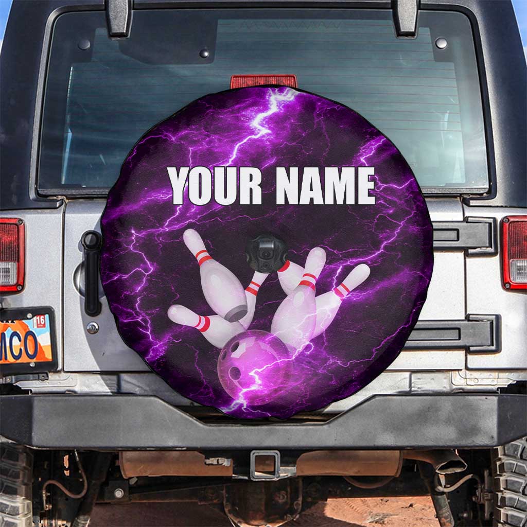 Bowling Ball and Pins Spare Tire Cover Purple Lightning Background and Custom Name Design - Wonder Print Shop
