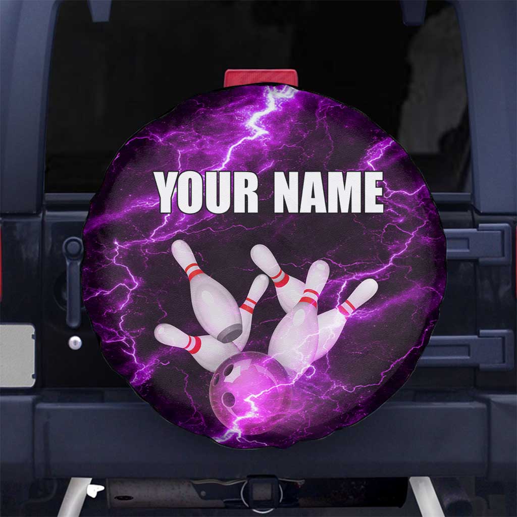 Bowling Ball and Pins Spare Tire Cover Purple Lightning Background and Custom Name Design - Wonder Print Shop
