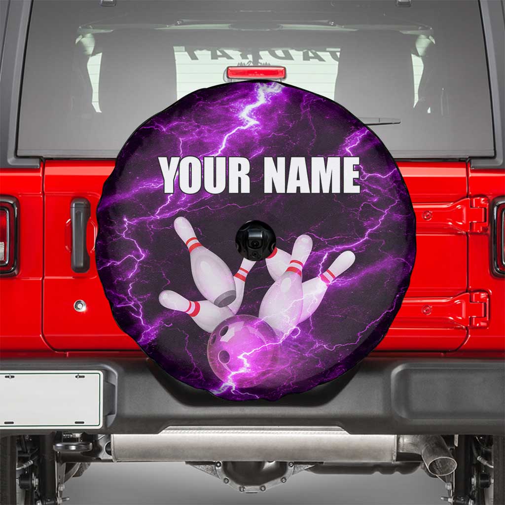 Bowling Ball and Pins Spare Tire Cover Purple Lightning Background and Custom Name Design - Wonder Print Shop