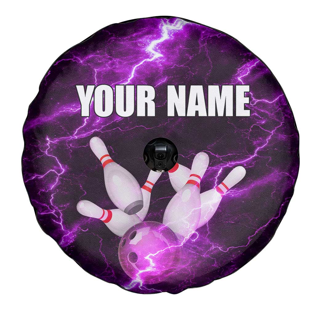Bowling Ball and Pins Spare Tire Cover Purple Lightning Background and Custom Name Design - Wonder Print Shop