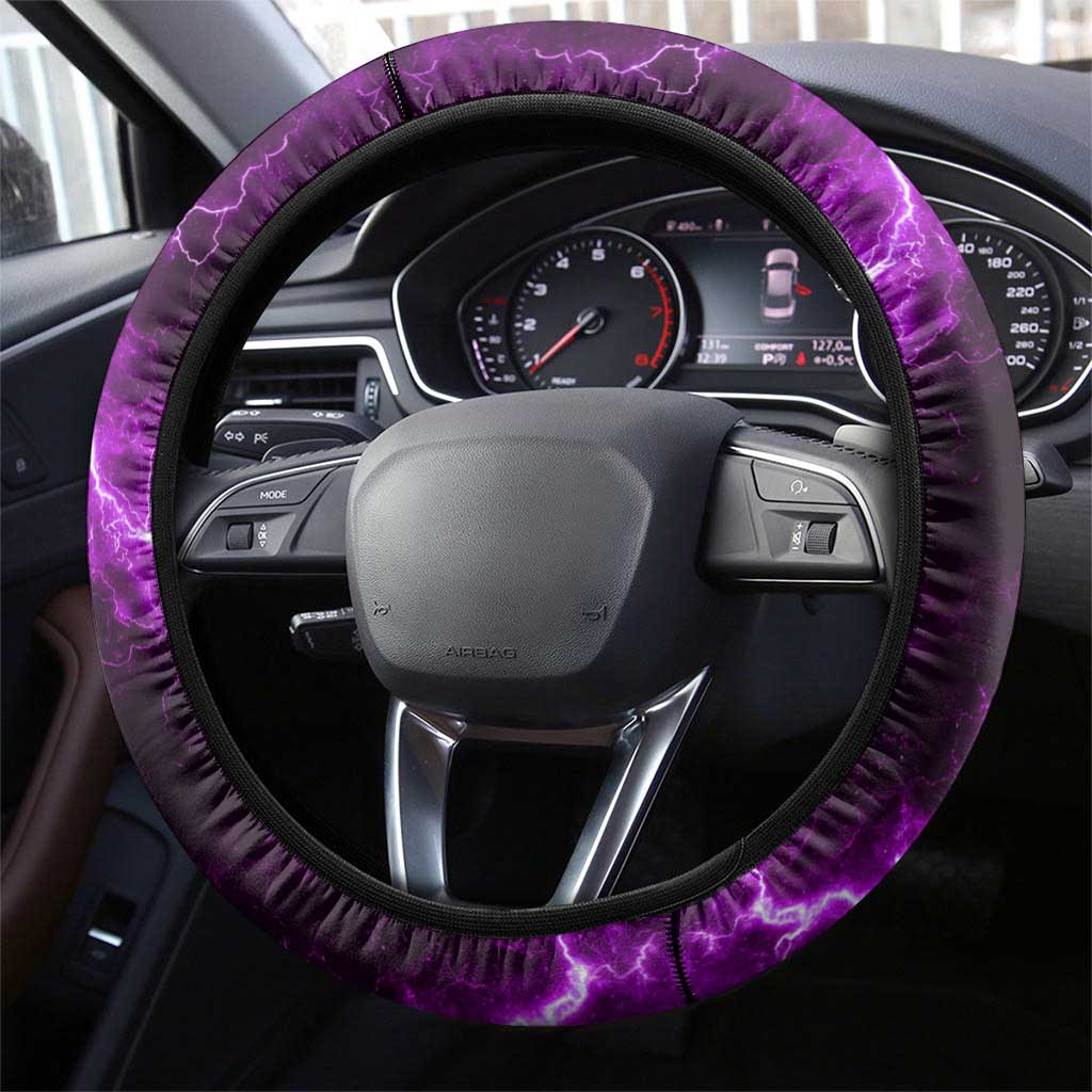 Bowling Ball and Pins Steering Wheel Cover Purple Lightning Background and Name Design - Wonder Print Shop