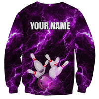 Bowling Ball and Pins Sweatshirt Purple Lightning Background and Custom Name Design - Wonder Print Shop