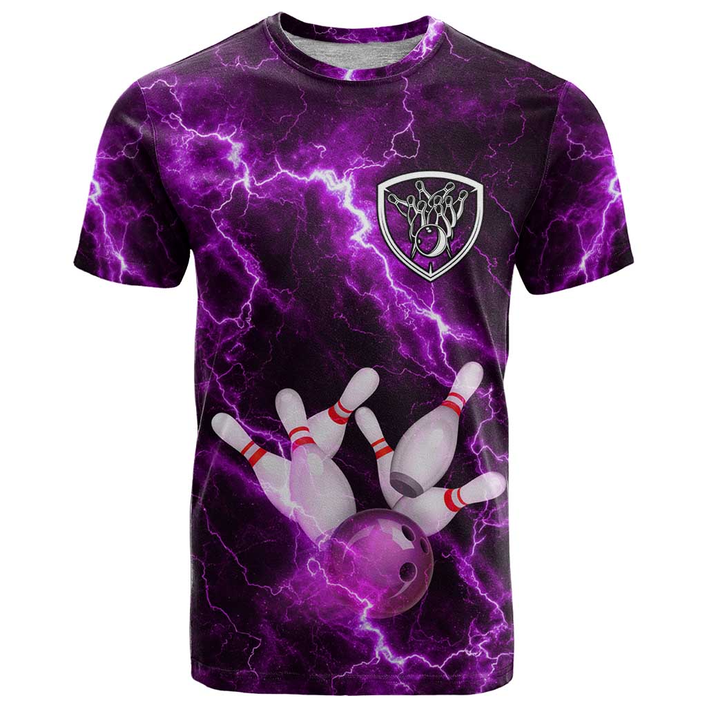 Bowling Ball and Pins T Shirt Purple Lightning Background and Custom Name Design - Wonder Print Shop