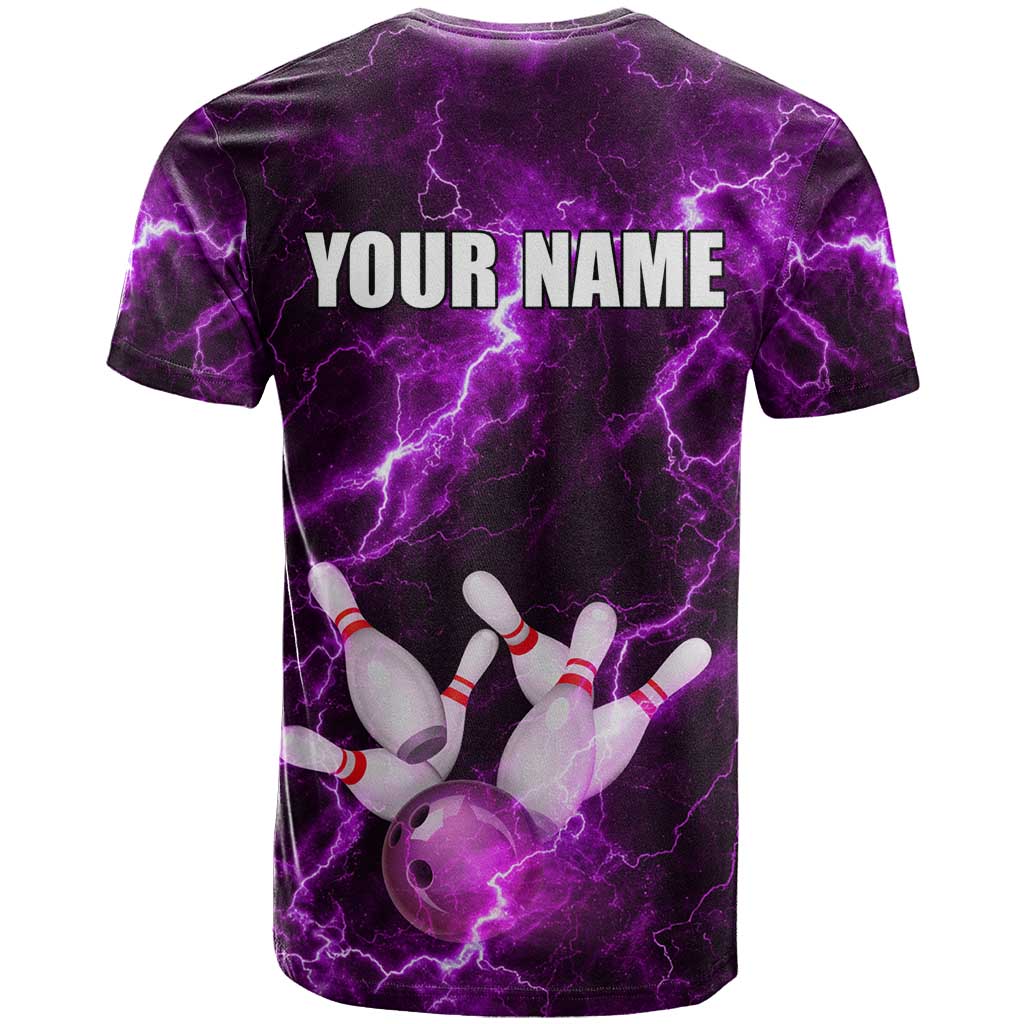 Bowling Ball and Pins T Shirt Purple Lightning Background and Custom Name Design - Wonder Print Shop