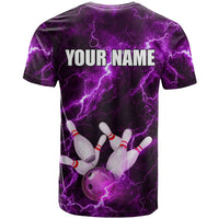 Bowling Ball and Pins T Shirt Purple Lightning Background and Custom Name Design - Wonder Print Shop