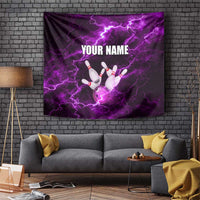 Bowling Ball and Pins Tapestry Purple Lightning Background and Custom Name Design - Wonder Print Shop