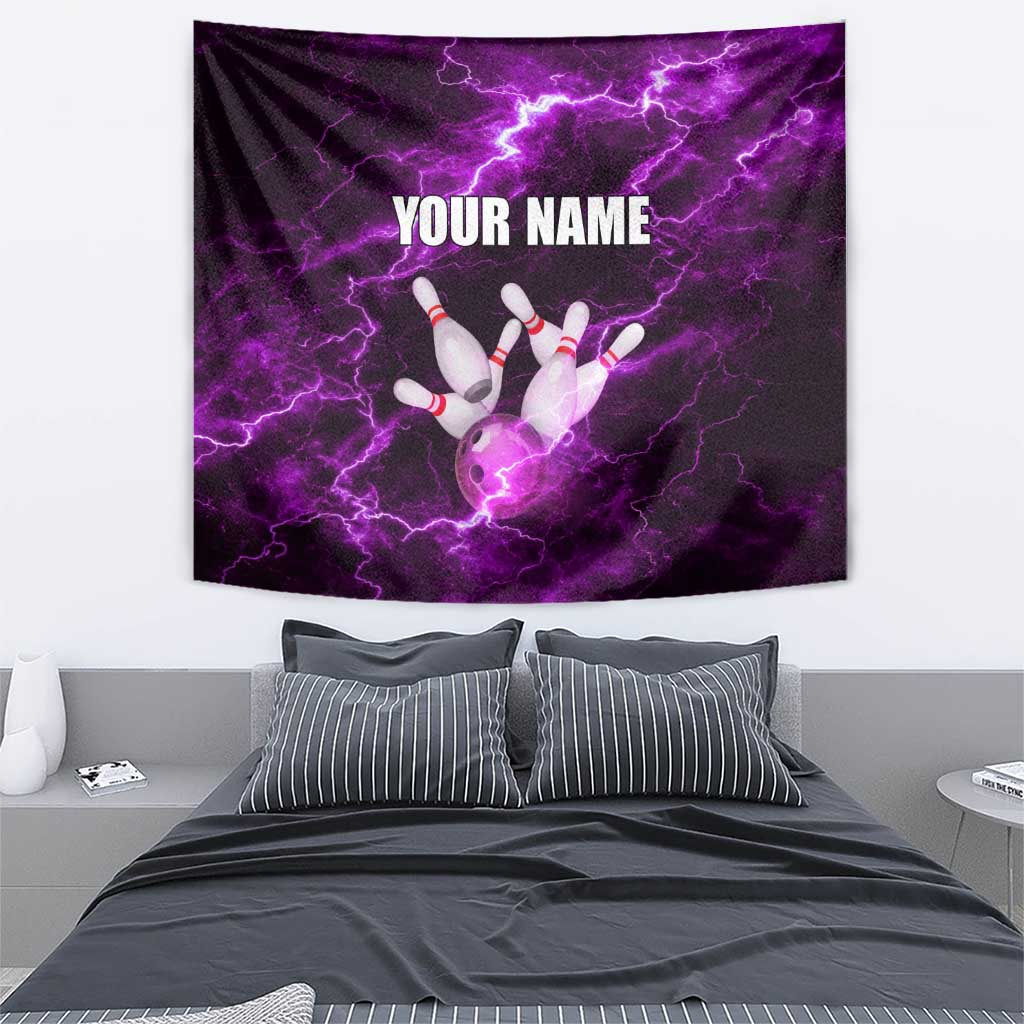Bowling Ball and Pins Tapestry Purple Lightning Background and Custom Name Design - Wonder Print Shop