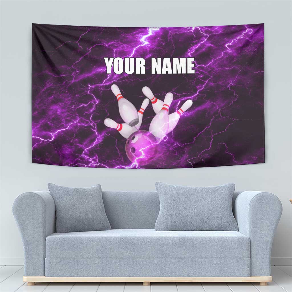 Bowling Ball and Pins Tapestry Purple Lightning Background and Custom Name Design - Wonder Print Shop