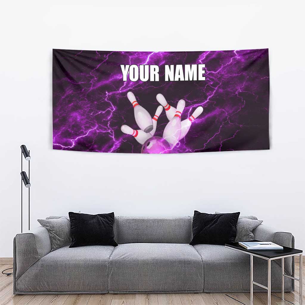 Bowling Ball and Pins Tapestry Purple Lightning Background and Custom Name Design - Wonder Print Shop
