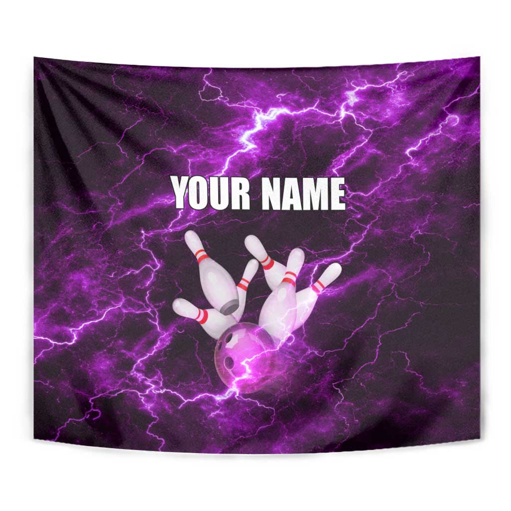 Bowling Ball and Pins Tapestry Purple Lightning Background and Custom Name Design - Wonder Print Shop
