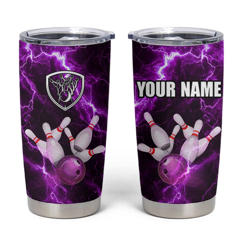 Bowling Ball and Pins Tumbler Cup Purple Lightning Background and Custom Name Design - Wonder Print Shop
