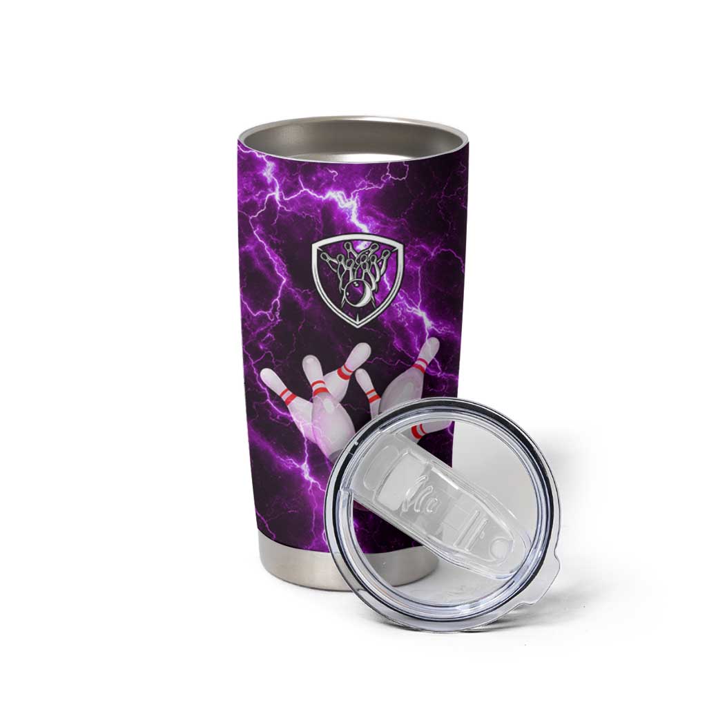 Bowling Ball and Pins Tumbler Cup Purple Lightning Background and Custom Name Design - Wonder Print Shop