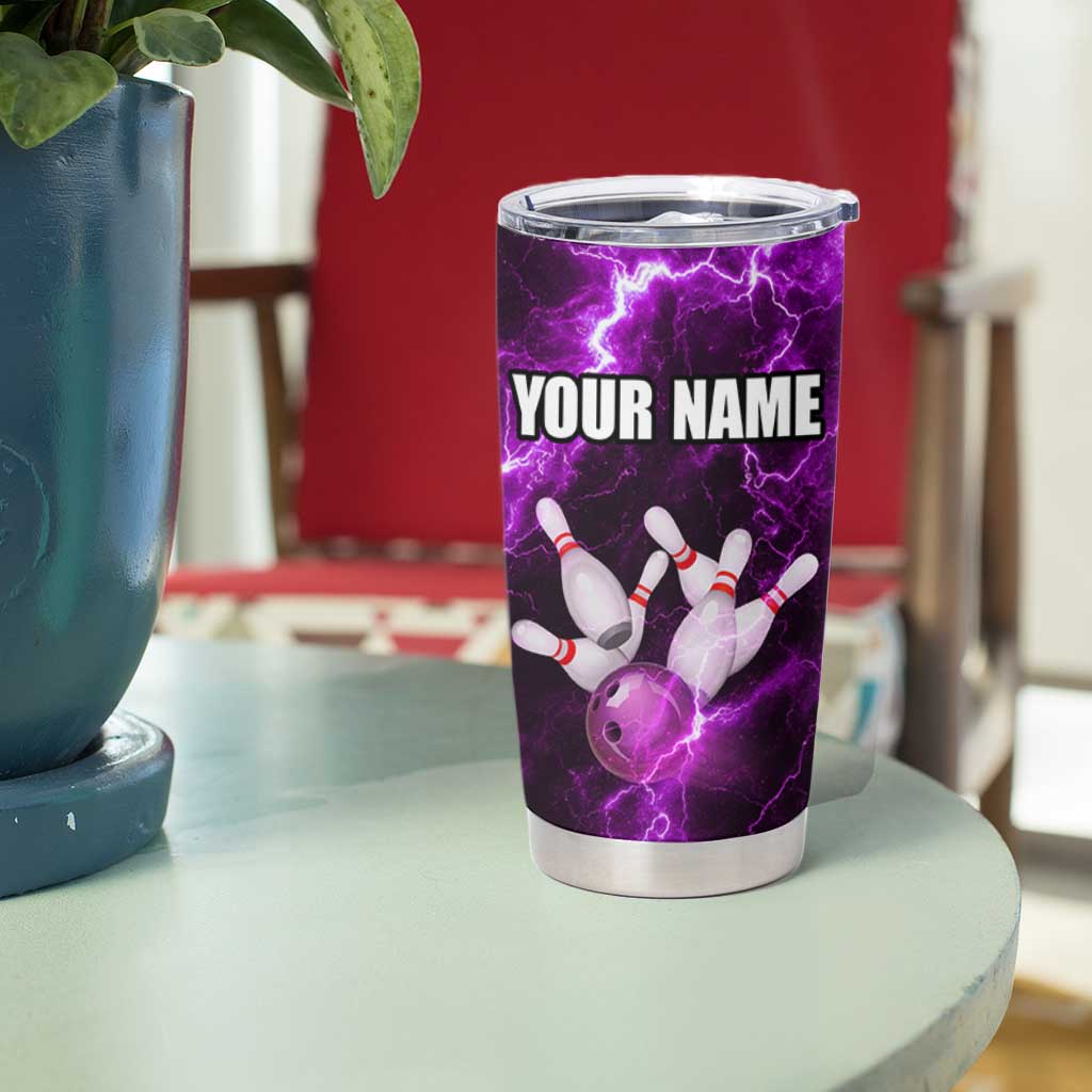 Bowling Ball and Pins Tumbler Cup Purple Lightning Background and Custom Name Design - Wonder Print Shop