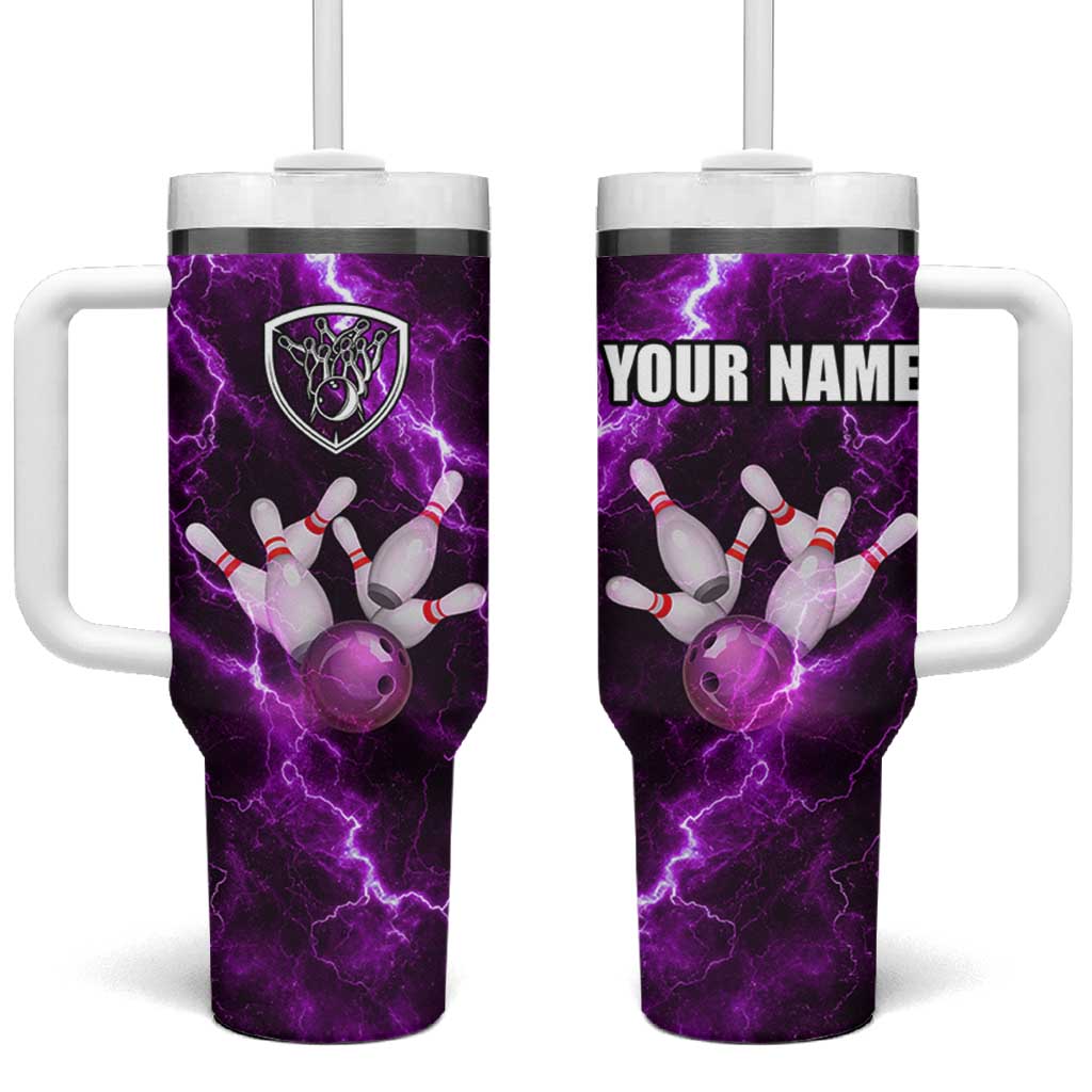 Bowling Ball and Pins Tumbler With Handle Purple Lightning Background and Custom Name Design - Wonder Print Shop