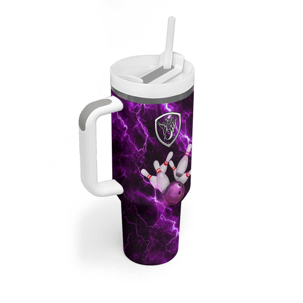 Bowling Ball and Pins Tumbler With Handle Purple Lightning Background and Custom Name Design - Wonder Print Shop