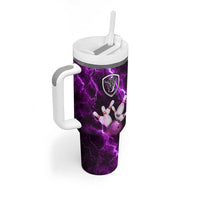 Bowling Ball and Pins Tumbler With Handle Purple Lightning Background and Custom Name Design - Wonder Print Shop