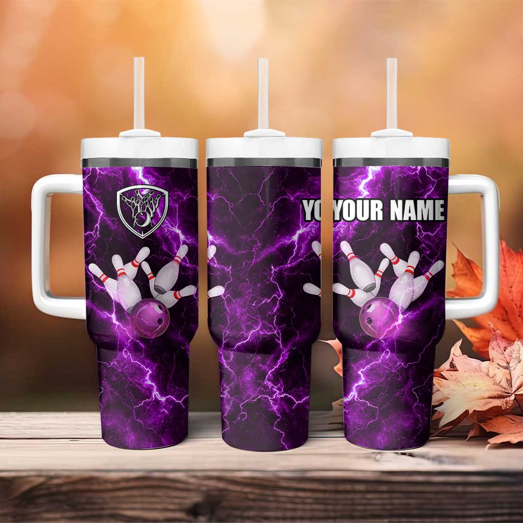Bowling Ball and Pins Tumbler With Handle Purple Lightning Background and Custom Name Design - Wonder Print Shop