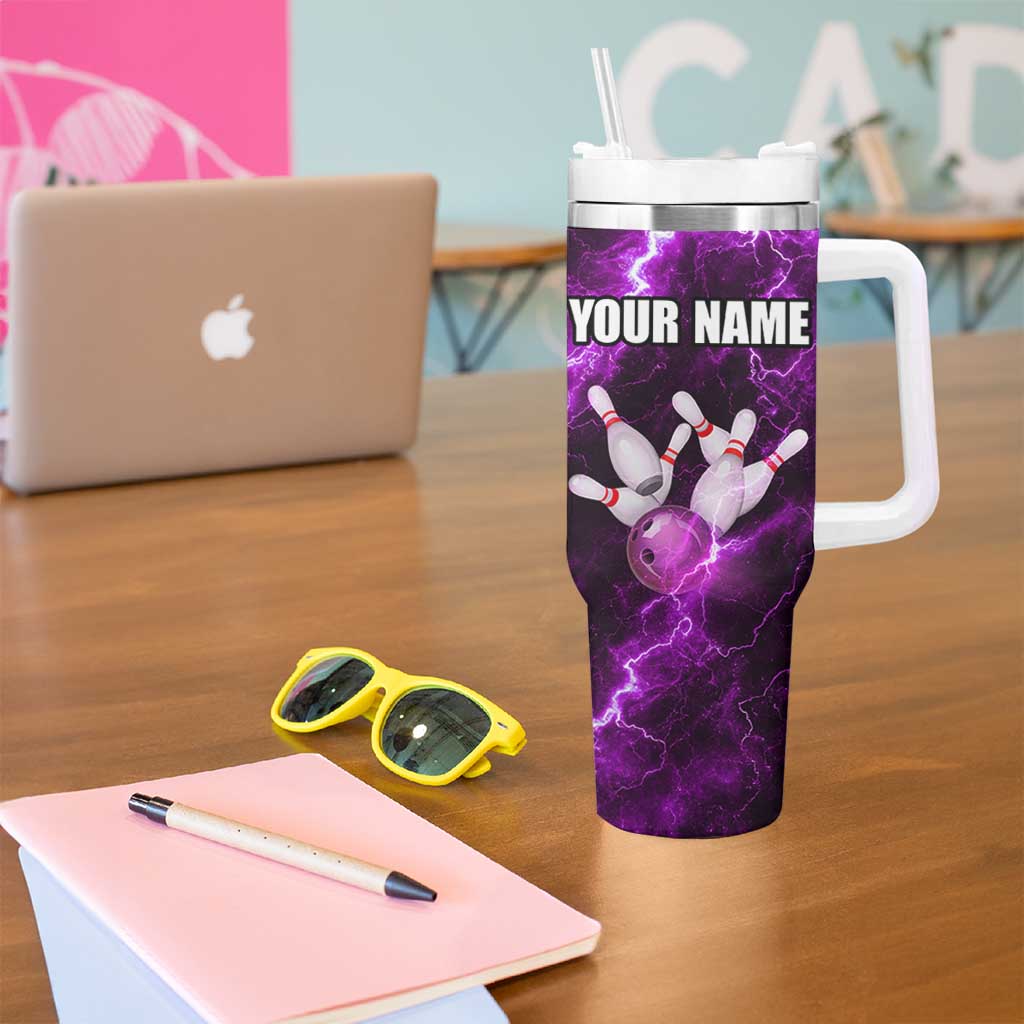 Bowling Ball and Pins Tumbler With Handle Purple Lightning Background and Custom Name Design - Wonder Print Shop