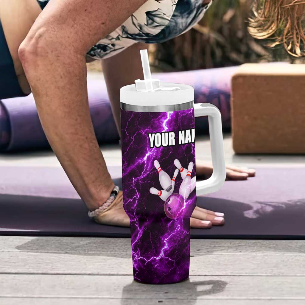 Bowling Ball and Pins Tumbler With Handle Purple Lightning Background and Custom Name Design - Wonder Print Shop
