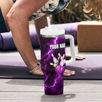 Bowling Ball and Pins Tumbler With Handle Purple Lightning Background and Custom Name Design - Wonder Print Shop