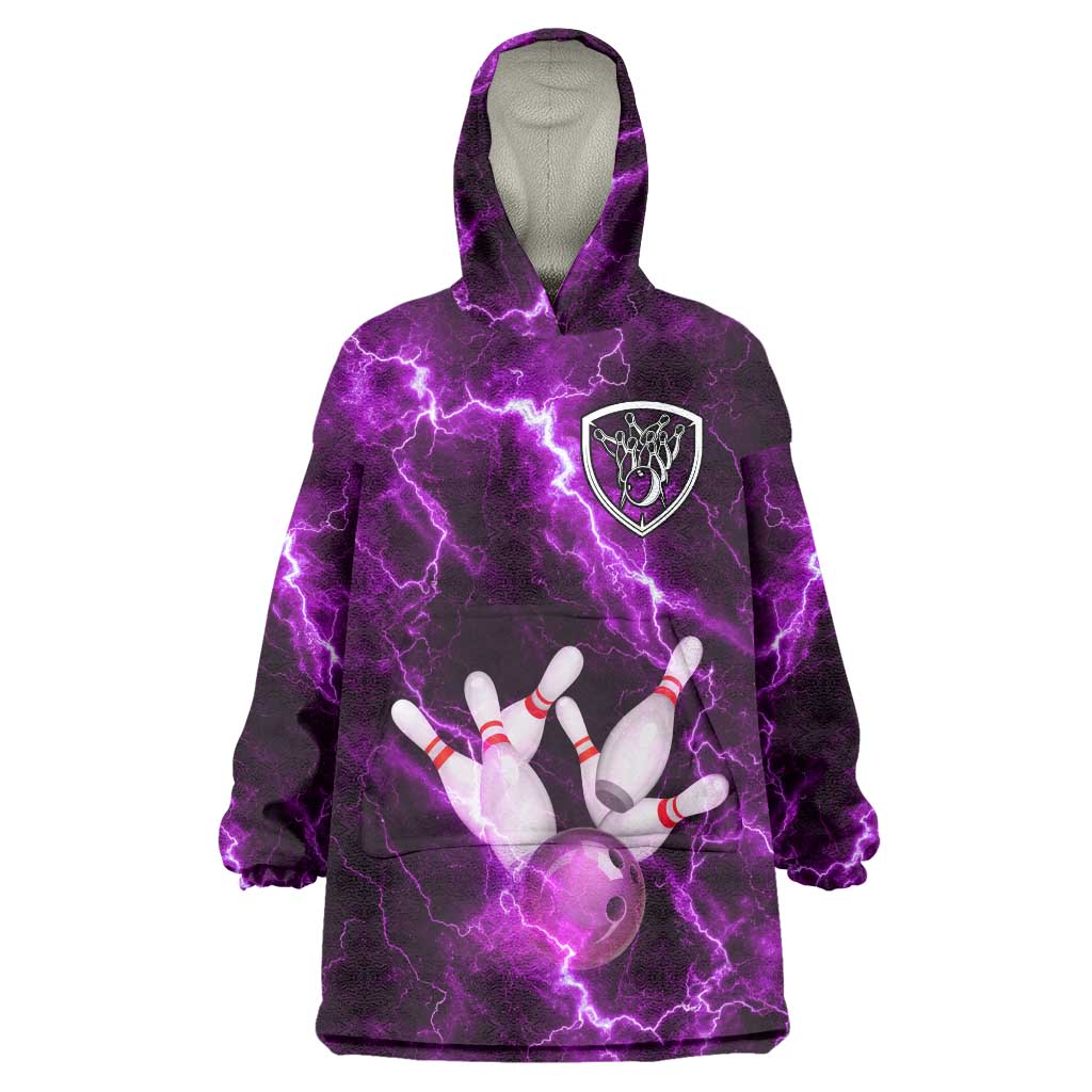 Bowling Ball and Pins Wearable Blanket Hoodie Purple Lightning Background and Custom Name Design - Wonder Print Shop