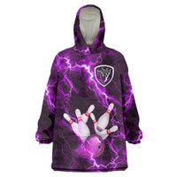 Bowling Ball and Pins Wearable Blanket Hoodie Purple Lightning Background and Custom Name Design - Wonder Print Shop