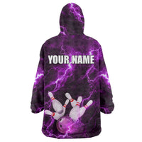 Bowling Ball and Pins Wearable Blanket Hoodie Purple Lightning Background and Custom Name Design - Wonder Print Shop