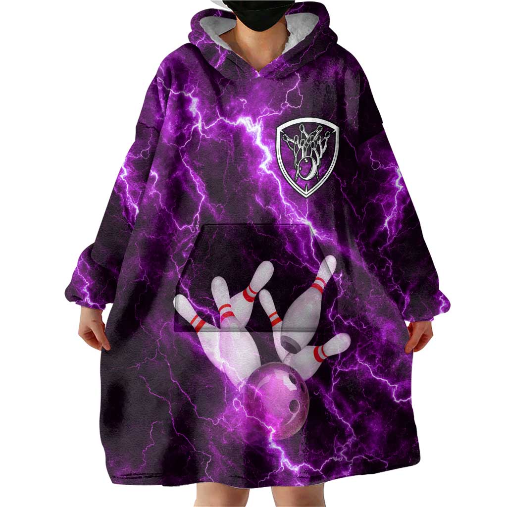 Bowling Ball and Pins Wearable Blanket Hoodie Purple Lightning Background and Custom Name Design - Wonder Print Shop