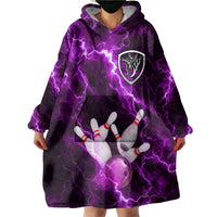 Bowling Ball and Pins Wearable Blanket Hoodie Purple Lightning Background and Custom Name Design - Wonder Print Shop
