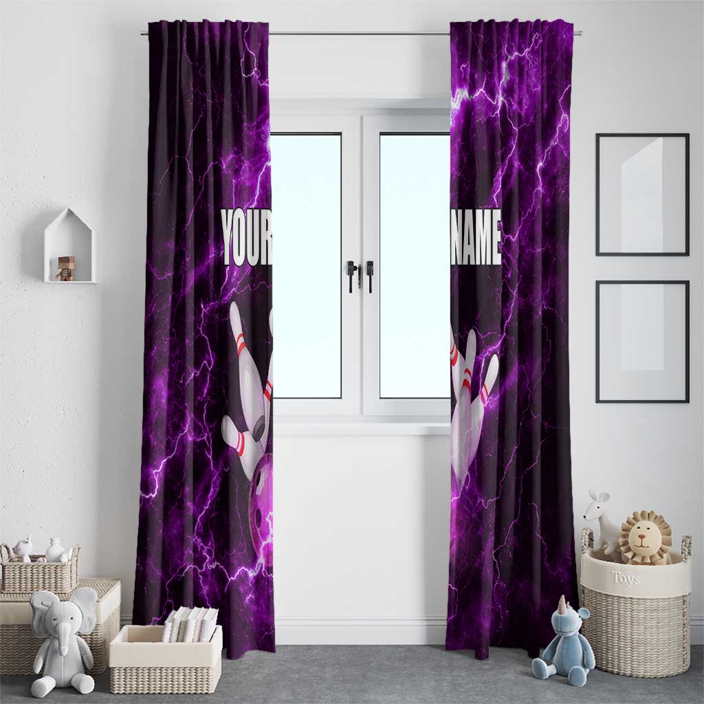 Bowling Ball and Pins Window Curtain Purple Lightning Background and Custom Name Design - Wonder Print Shop