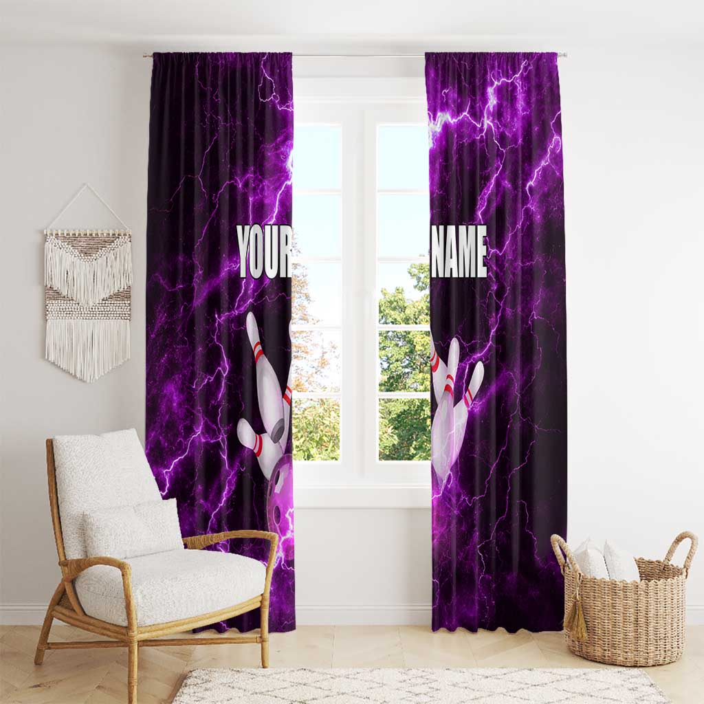 Bowling Ball and Pins Window Curtain Purple Lightning Background and Custom Name Design - Wonder Print Shop