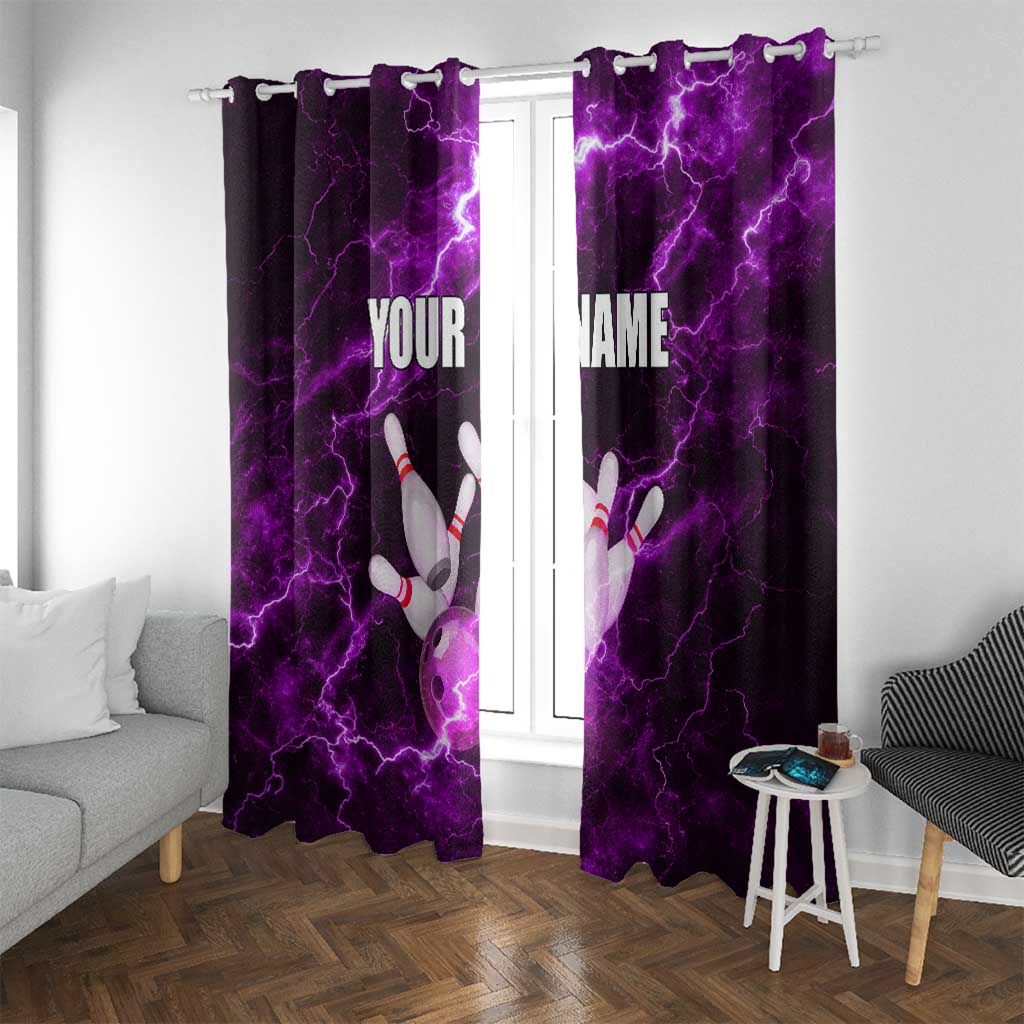 Bowling Ball and Pins Window Curtain Purple Lightning Background and Custom Name Design - Wonder Print Shop
