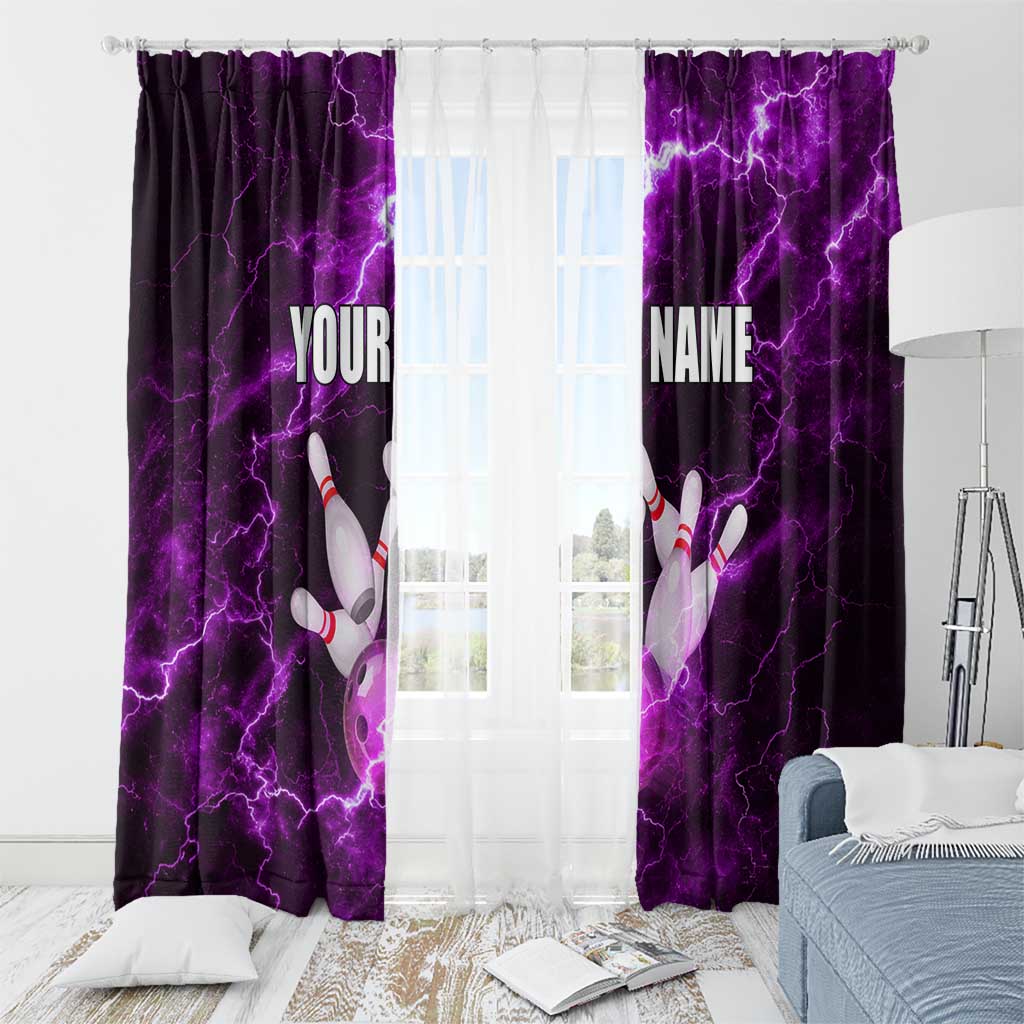 Bowling Ball and Pins Window Curtain Purple Lightning Background and Custom Name Design - Wonder Print Shop