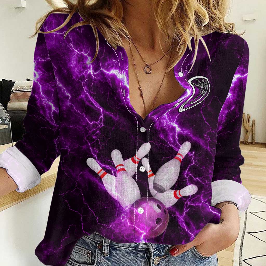 Bowling Ball and Pins Women Casual Shirt Purple Lightning Background and Custom Name Design - Wonder Print Shop