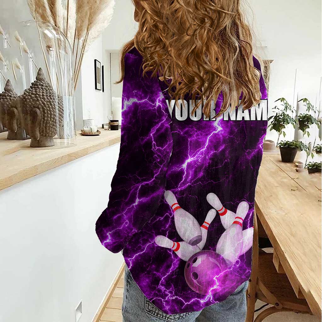Bowling Ball and Pins Women Casual Shirt Purple Lightning Background and Custom Name Design - Wonder Print Shop