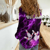 Bowling Ball and Pins Women Casual Shirt Purple Lightning Background and Custom Name Design - Wonder Print Shop