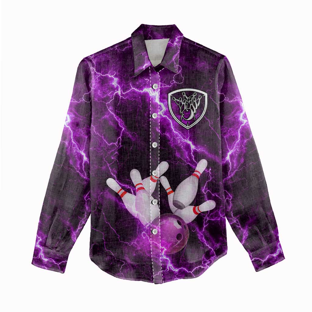 Bowling Ball and Pins Women Casual Shirt Purple Lightning Background and Custom Name Design - Wonder Print Shop